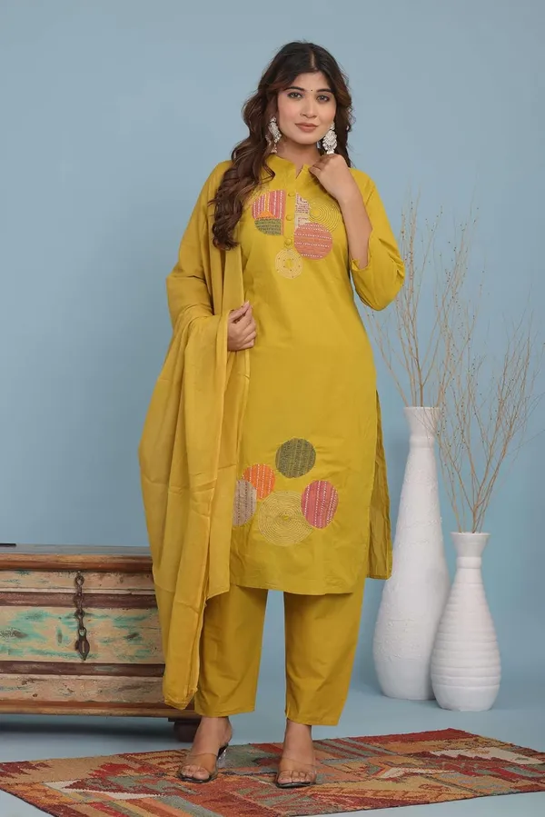 Yellow_Cotton_Regular_Embroidered_Straight_Kurti_Set_With_Pant_Dupatta_For_Women