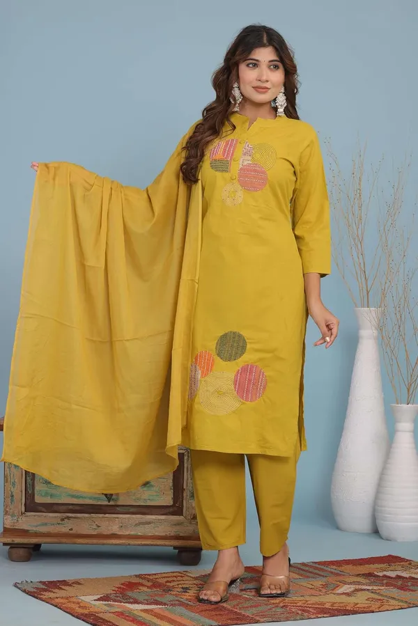 Yellow_Cotton_Regular_Embroidered_Straight_Kurti_Set_With_Pant_Dupatta_For_Women