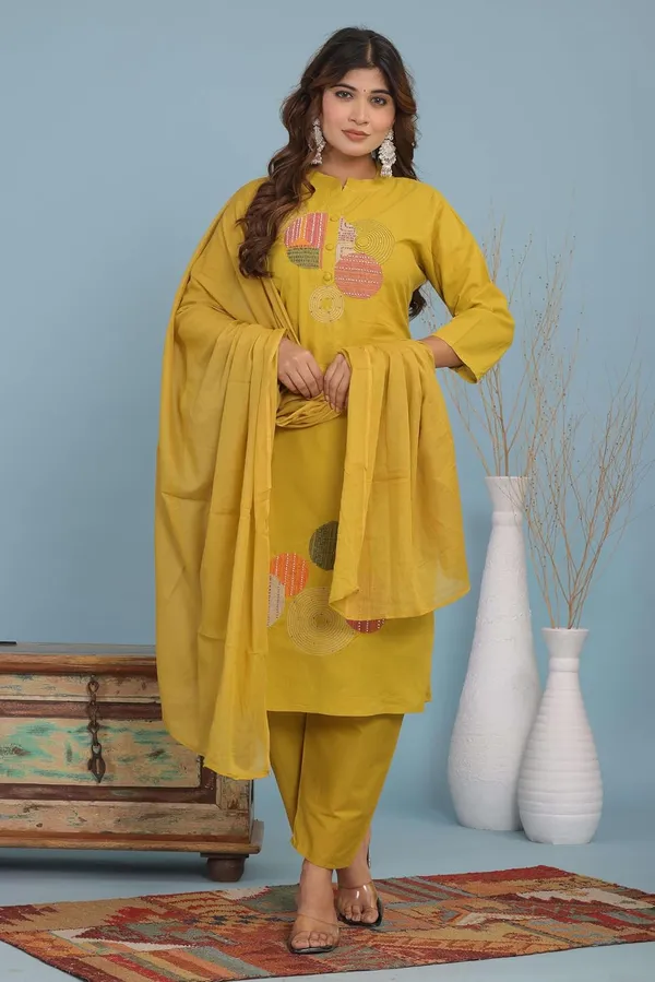 Yellow_Cotton_Regular_Embroidered_Straight_Kurti_Set_With_Pant_Dupatta_For_Women