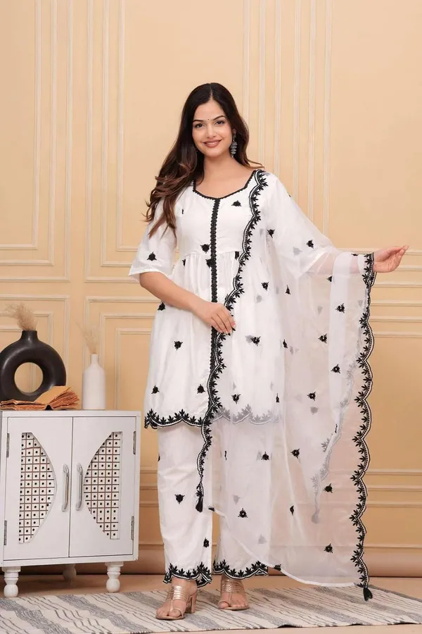 White_Cotton_Regular_Embroidered_Straight_Kurti_Pant_Dupatta_Set_For_Women