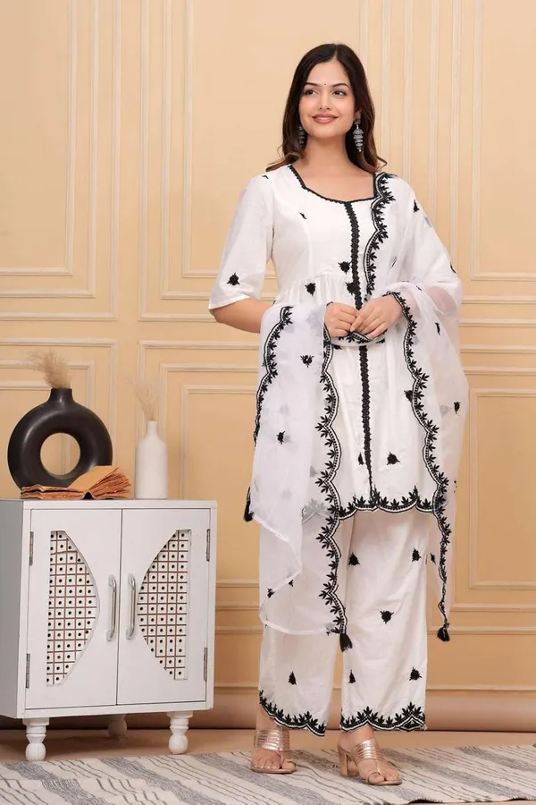 White_Cotton_Regular_Embroidered_Straight_Kurti_Pant_Dupatta_Set_For_Women