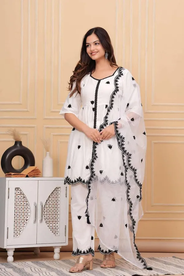 White_Cotton_Regular_Embroidered_Straight_Kurti_Pant_Dupatta_Set_For_Women