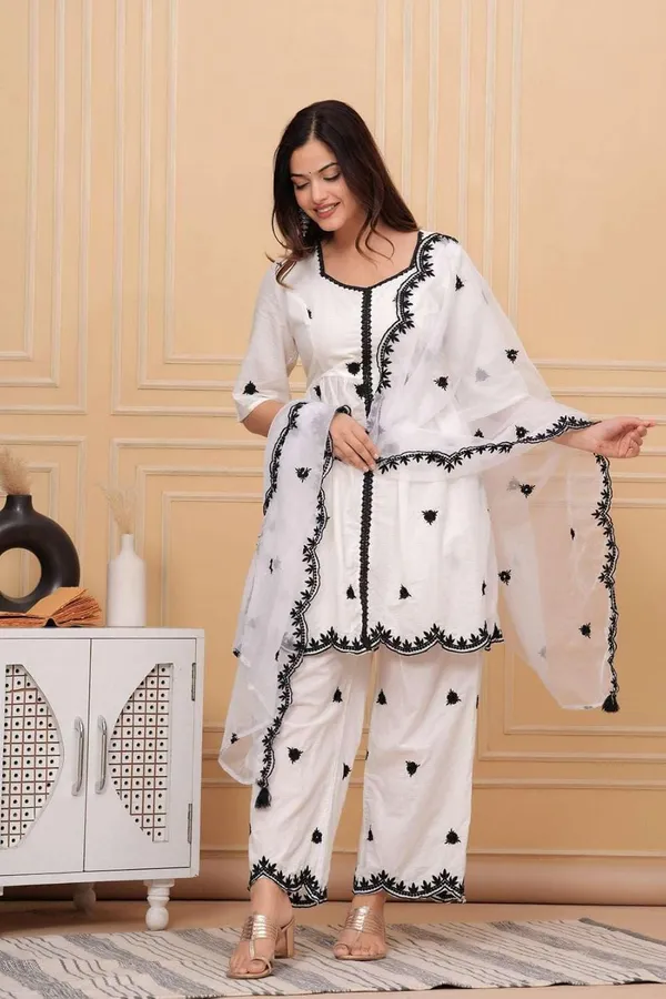 White_Cotton_Regular_Embroidered_Straight_Kurti_Pant_Dupatta_Set_For_Women