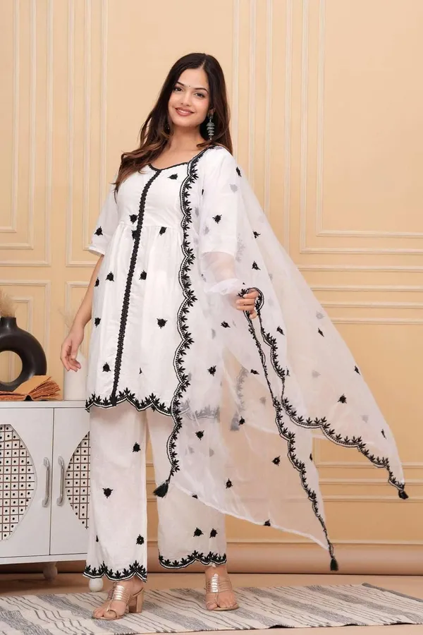 White_Cotton_Regular_Embroidered_Straight_Kurti_Pant_Dupatta_Set_For_Women