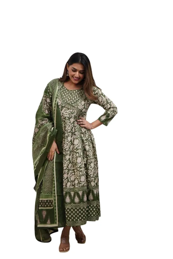 Green_Cotton_Floral_Printed_Anarkali_Kurti_With_Pant_Mulmul_Dupatta_Set_For_Women