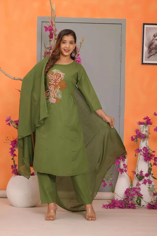 Green_Cotton_Embroidered_Straight_Kurti_With_Pant_Set_For_Women