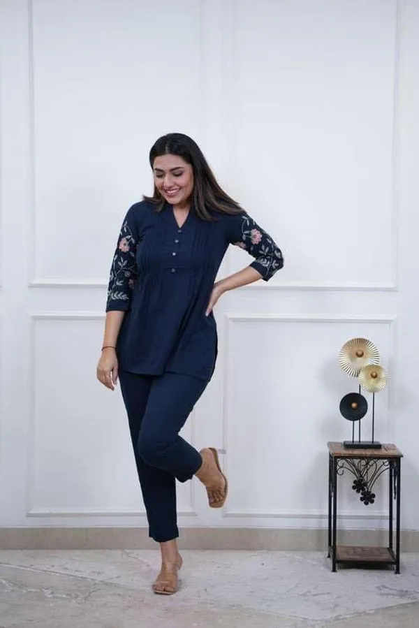 Blue_Cotton_Embroidered_Straight_Short_Kurti_Pant_Dupatta_Set_For_Women