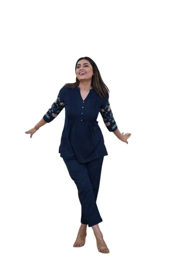 Blue_Cotton_Embroidered_Straight_Short_Kurti_Pant_Dupatta_Set_For_Women
