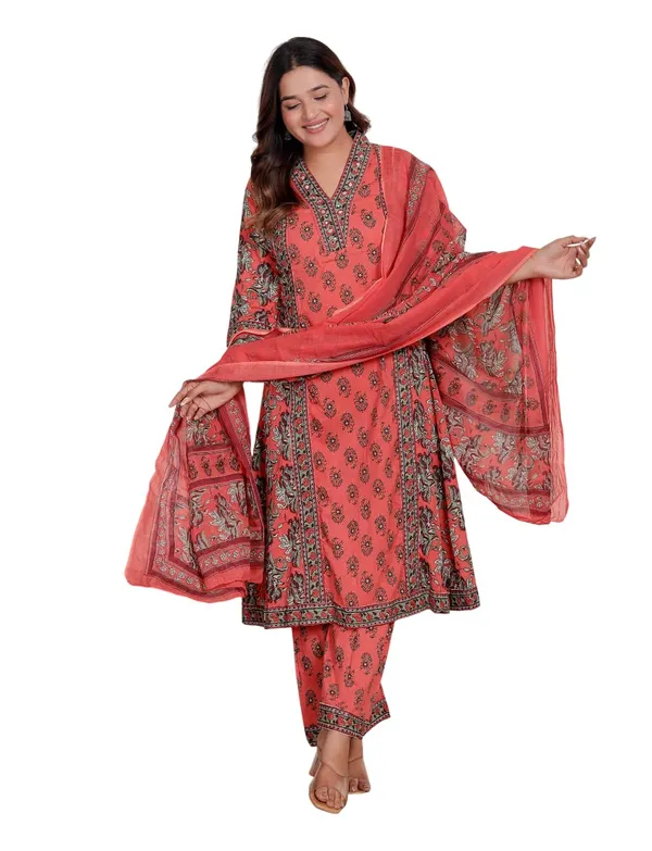 Peach_Cotton_Printed_Straight_Kurti_With_Pant_Dupatta_Set_For_Women