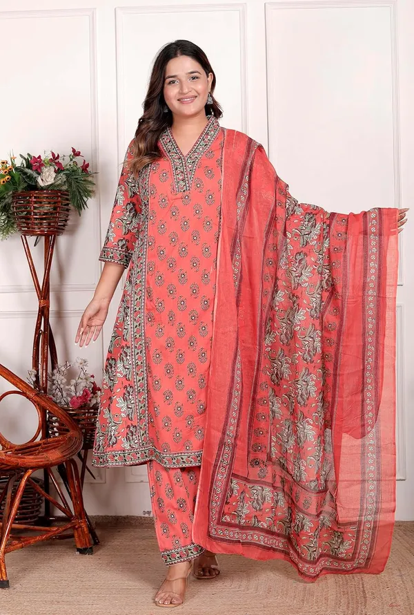 Peach_Cotton_Printed_Straight_Kurti_With_Pant_Dupatta_Set_For_Women