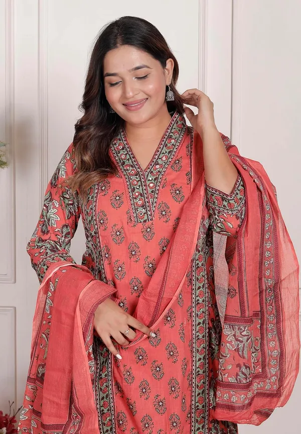 Peach_Cotton_Printed_Straight_Kurti_With_Pant_Dupatta_Set_For_Women