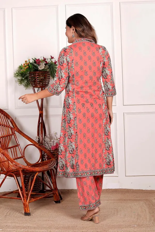 Peach_Cotton_Printed_Straight_Kurti_With_Pant_Dupatta_Set_For_Women