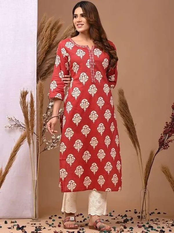 Red_Rayon_Regular_Printed_Straight_Kurti_With_Pant_Set_For_Women