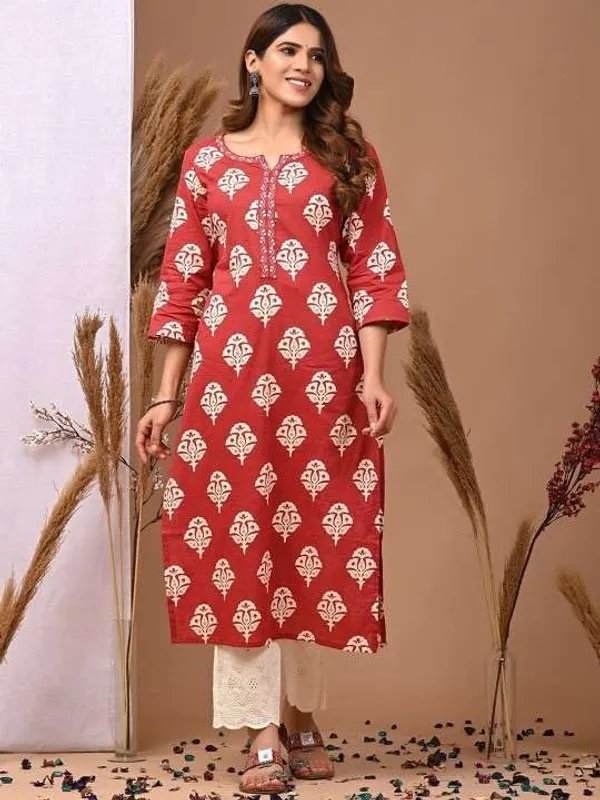 Red_Rayon_Regular_Printed_Straight_Kurti_With_Pant_Set_For_Women