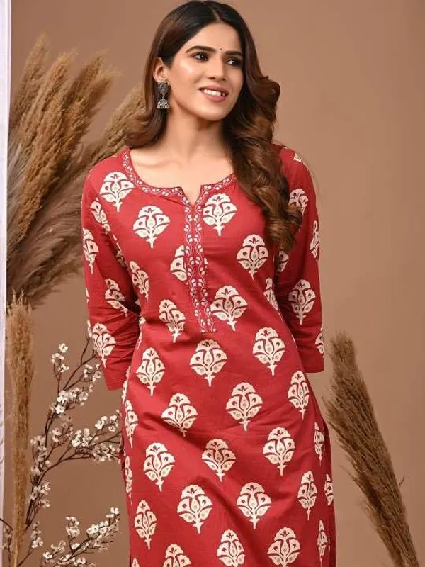 Red_Rayon_Regular_Printed_Straight_Kurti_With_Pant_Set_For_Women