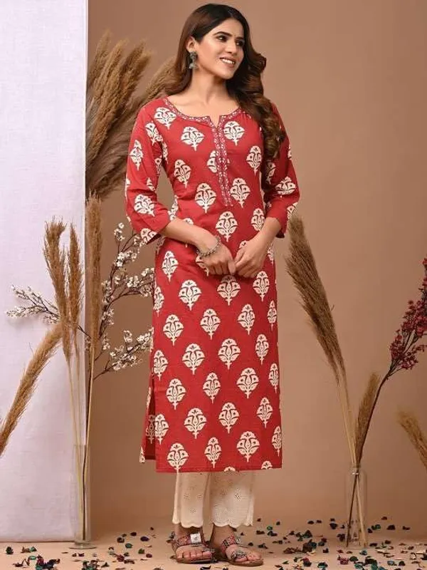 Red_Rayon_Regular_Printed_Straight_Kurti_With_Pant_Set_For_Women