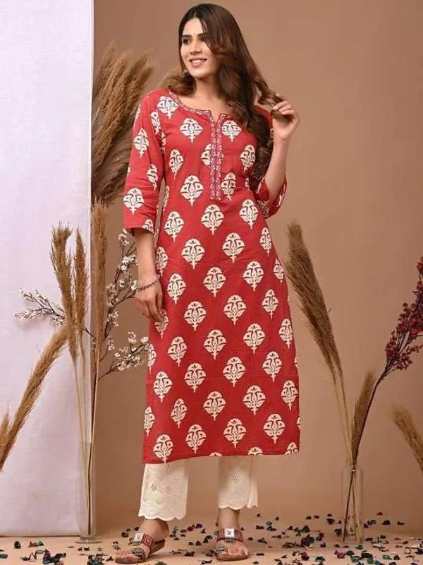 Red_Rayon_Regular_Printed_Straight_Kurti_With_Pant_Set_For_Women