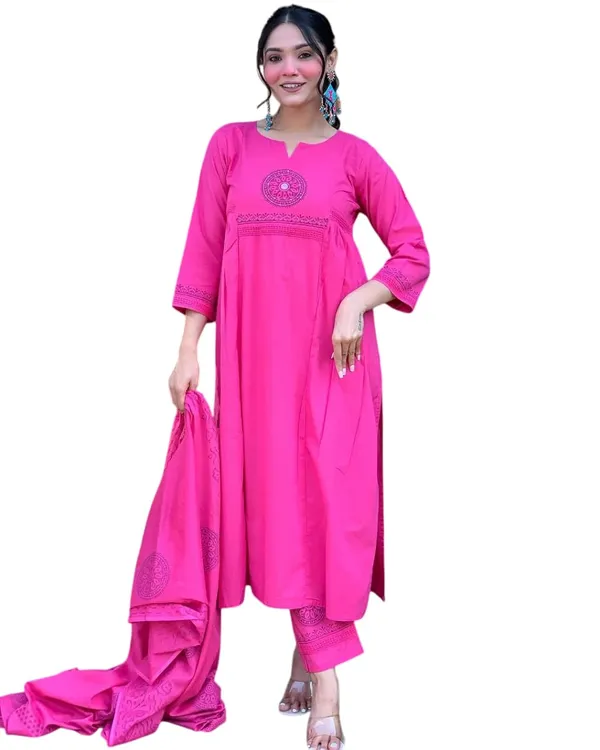 Pink_Cotton_Regular_Floral_Handblock_Kurti_Pant_Dupatta_Set_For_Women