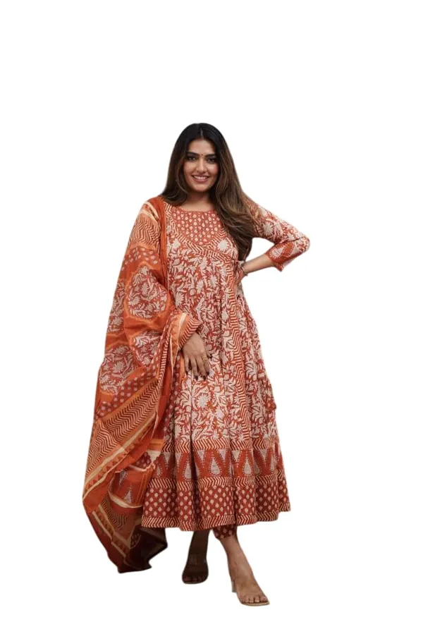 Orange_Cotton_Floral_Printed_Anarkali_Kurti_With_Pant_Dupatta_Set_For_Women