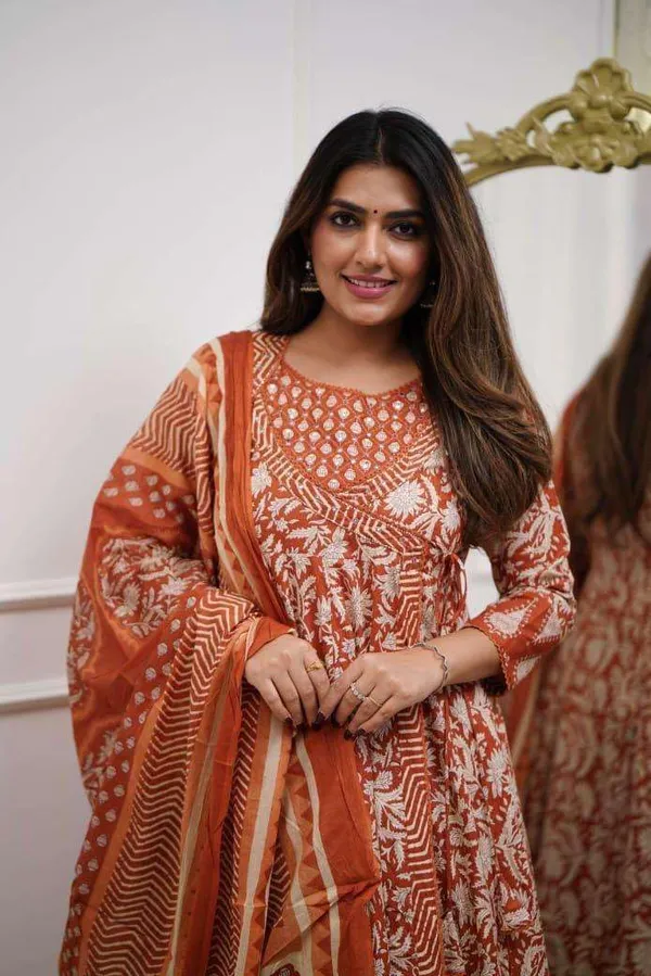 Orange_Cotton_Floral_Printed_Anarkali_Kurti_With_Pant_Dupatta_Set_For_Women