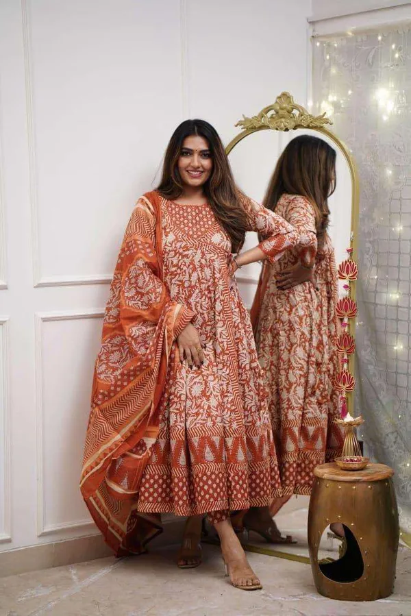Orange_Cotton_Floral_Printed_Anarkali_Kurti_With_Pant_Dupatta_Set_For_Women