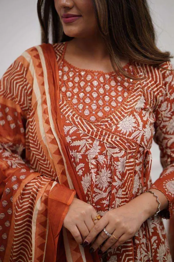 Orange_Cotton_Floral_Printed_Anarkali_Kurti_With_Pant_Dupatta_Set_For_Women