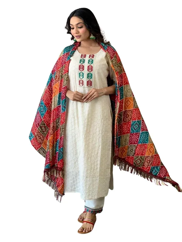 White_Cotton_Chikankari_Print_Straight_Kurti_With_Pant_Dupatta_Set_For_Women