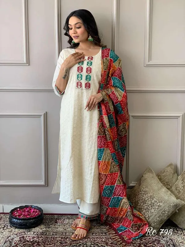 White_Cotton_Chikankari_Print_Straight_Kurti_With_Pant_Dupatta_Set_For_Women