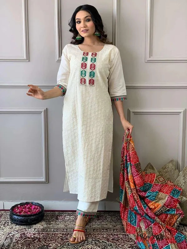 White_Cotton_Chikankari_Print_Straight_Kurti_With_Pant_Dupatta_Set_For_Women