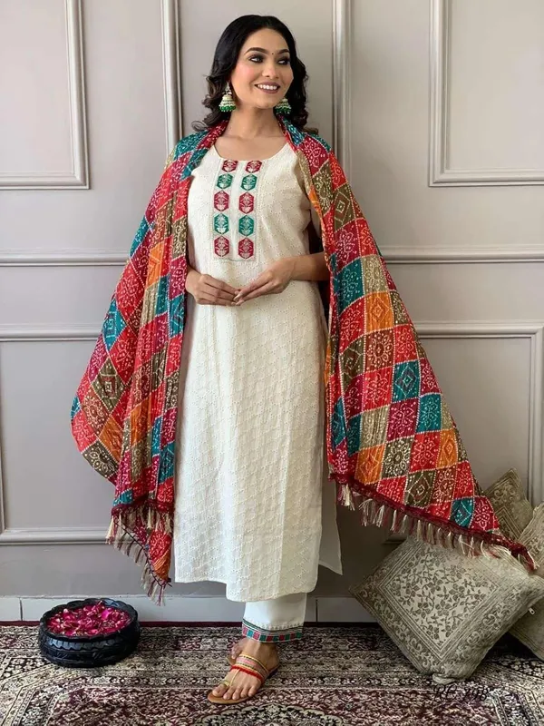 White_Cotton_Chikankari_Print_Straight_Kurti_With_Pant_Dupatta_Set_For_Women