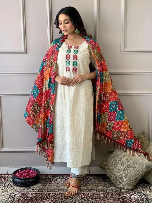 White_Cotton_Chikankari_Print_Straight_Kurti_With_Pant_Dupatta_Set_For_Women