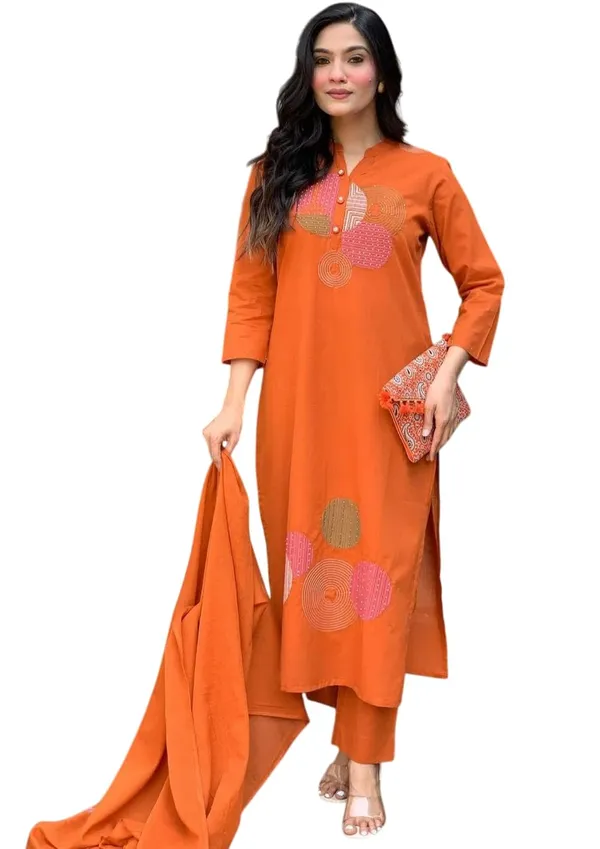Orange_Cotton_Regular_Embroidered_Straight_Kurti_With_Pant_Dupatta_For_Women
