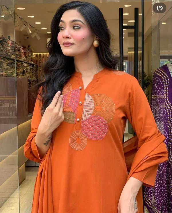 Orange_Cotton_Regular_Embroidered_Straight_Kurti_With_Pant_Dupatta_For_Women