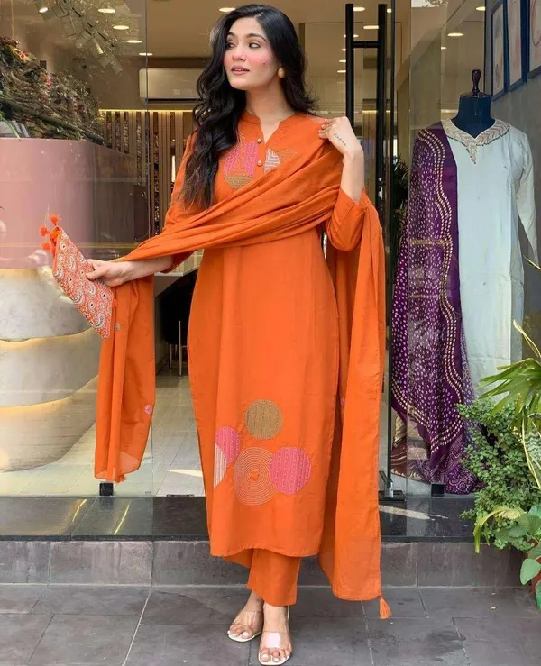 Orange_Cotton_Regular_Embroidered_Straight_Kurti_With_Pant_Dupatta_For_Women