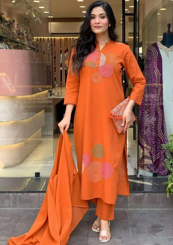 Orange_Cotton_Regular_Embroidered_Straight_Kurti_With_Pant_Dupatta_For_Women