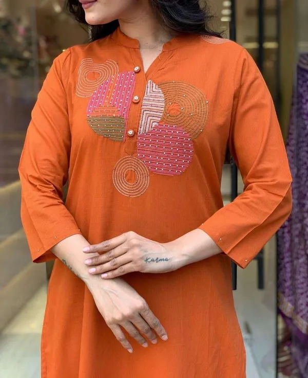 Orange_Cotton_Regular_Embroidered_Straight_Kurti_With_Pant_Dupatta_For_Women