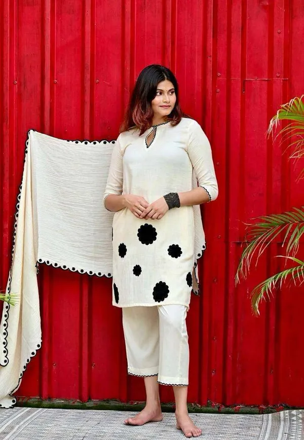 White_Cotton_Regular_Embroidered_Floral_Patchwork_Kurti_With_Pant_Dupatta_Set_For_Women