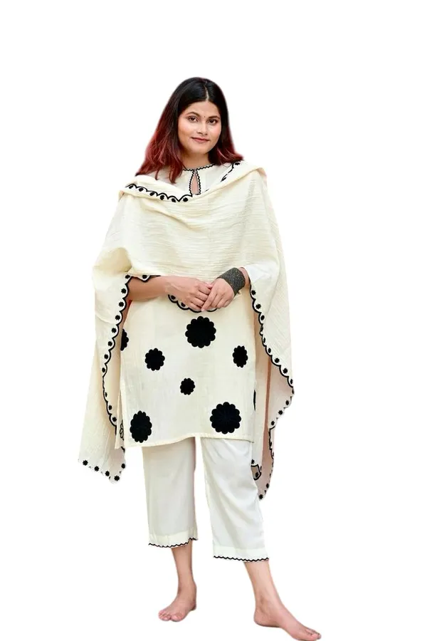 White_Cotton_Regular_Embroidered_Floral_Patchwork_Kurti_With_Pant_Dupatta_Set_For_Women