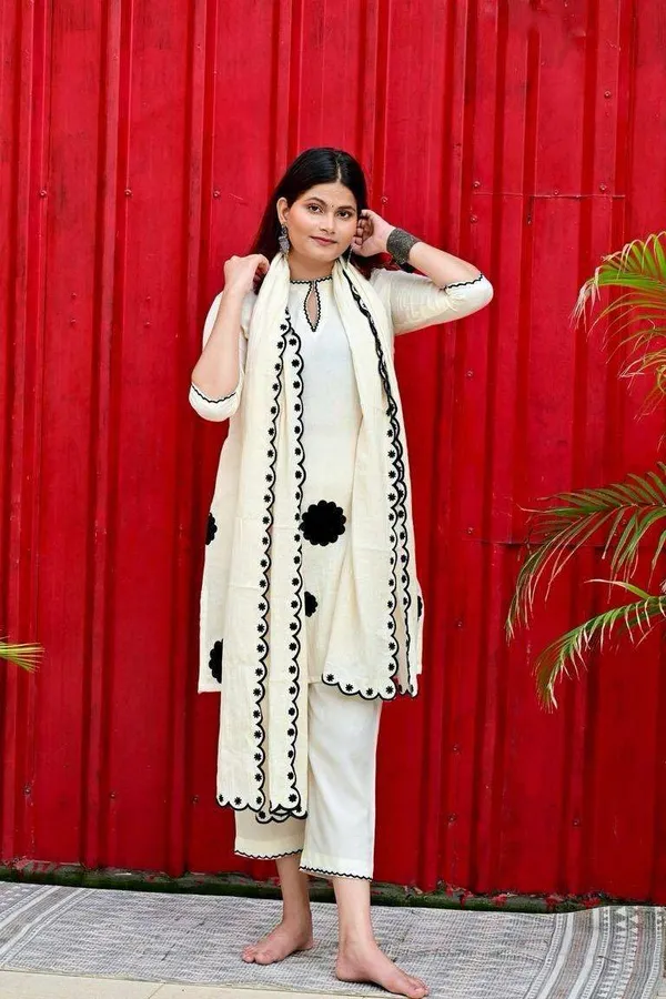 White_Cotton_Regular_Embroidered_Floral_Patchwork_Kurti_With_Pant_Dupatta_Set_For_Women