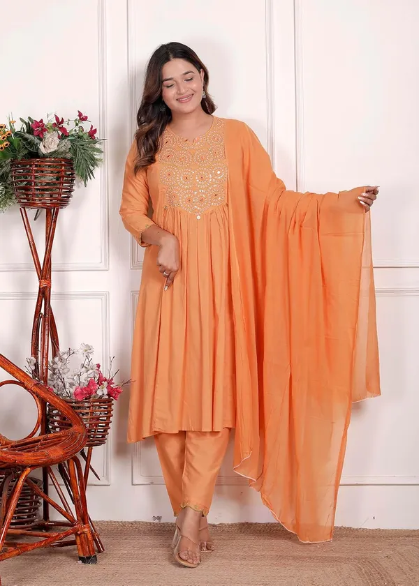 Orange_Cotton_Printed_Anarkali_Kurti_Set_With_Pant_Dupatta_For_Women