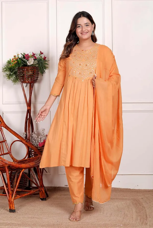 Orange_Cotton_Printed_Anarkali_Kurti_Set_With_Pant_Dupatta_For_Women