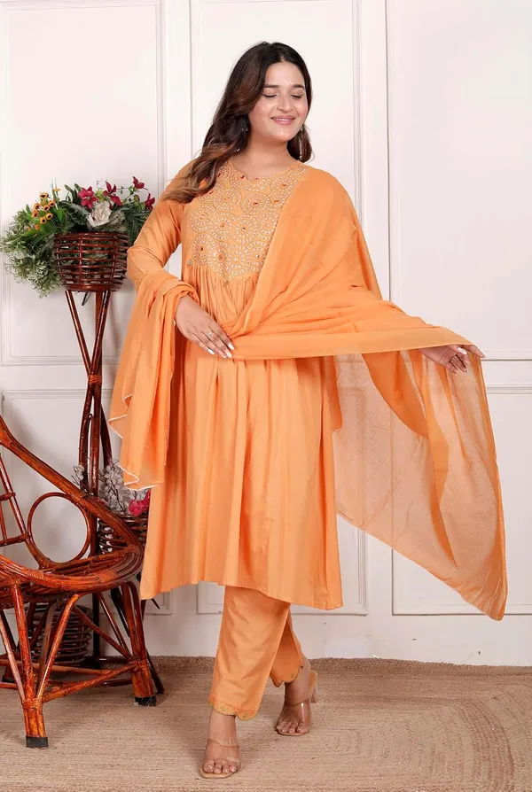 Orange_Cotton_Printed_Anarkali_Kurti_Set_With_Pant_Dupatta_For_Women
