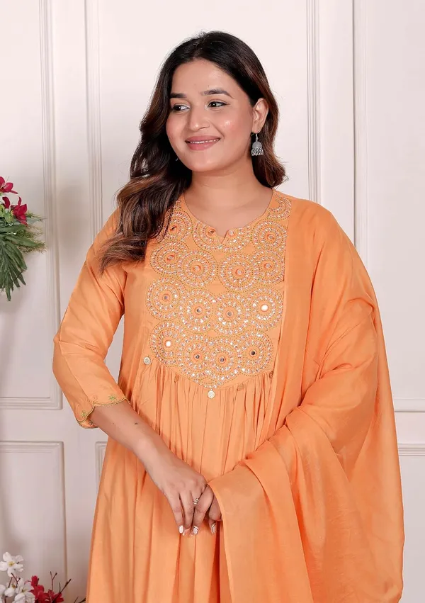 Orange_Cotton_Printed_Anarkali_Kurti_Set_With_Pant_Dupatta_For_Women