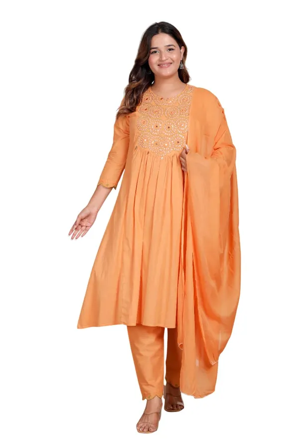 Orange_Cotton_Printed_Anarkali_Kurti_Set_With_Pant_Dupatta_For_Women