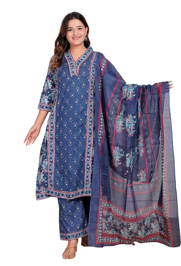 Navy_Blue_Cotton_Printed_Straight_Kurti_With_Pant_Dupatta_Set_For_Women