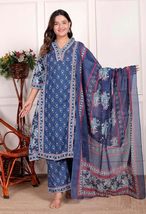 Navy_Blue_Cotton_Printed_Straight_Kurti_With_Pant_Dupatta_Set_For_Women