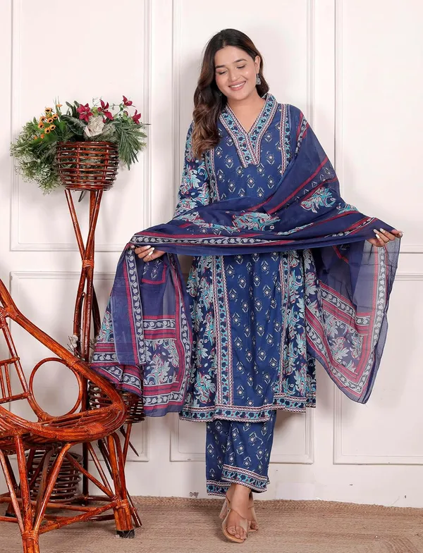 Navy_Blue_Cotton_Printed_Straight_Kurti_With_Pant_Dupatta_Set_For_Women