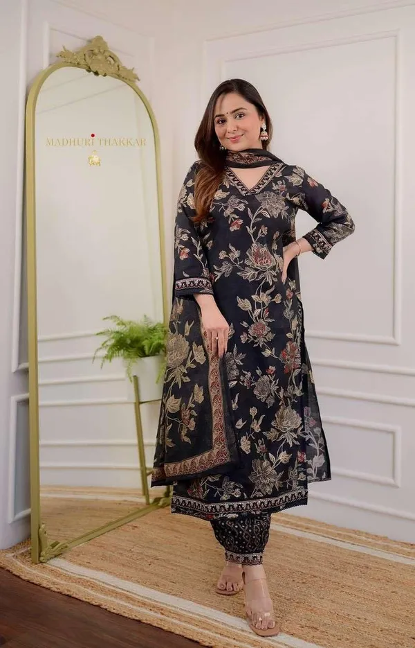 Black_Cotton_Floral_Printed_Straight_Kurti_With_Afghani_Pant_Dupatta_Set_For_Women