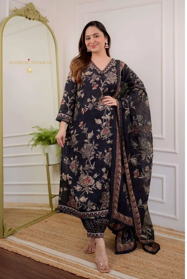 Black_Cotton_Floral_Printed_Straight_Kurti_With_Afghani_Pant_Dupatta_Set_For_Women