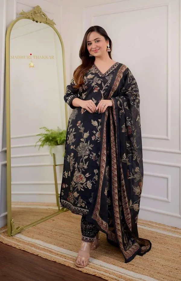Black_Cotton_Floral_Printed_Straight_Kurti_With_Afghani_Pant_Dupatta_Set_For_Women